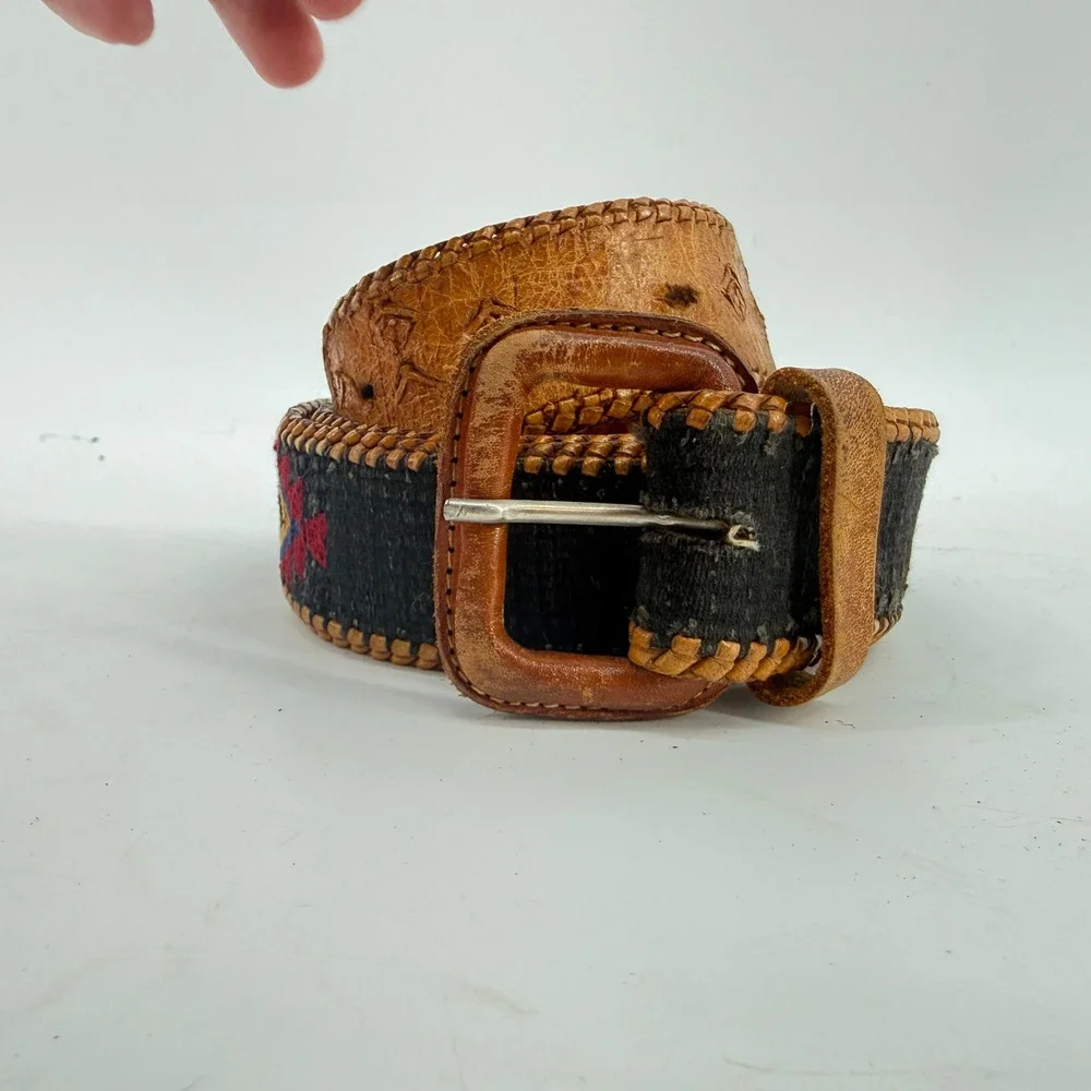 Vintage Southwestern‎ Woven Leather Belt Unisex SZ 40 Brown Black Geometric Boho